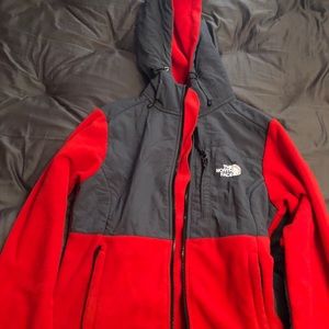 Red north face jacket with hood size small